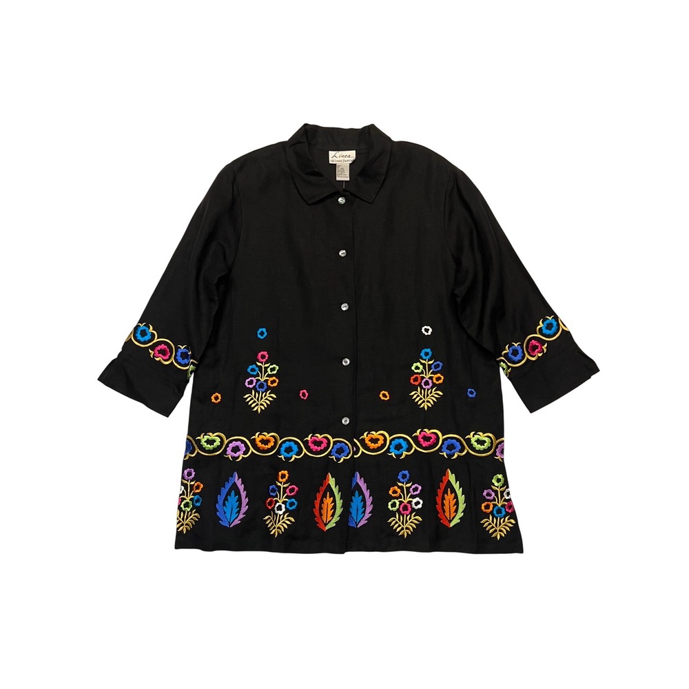 Linea by Black Art to Wear Floral Embroidered Linen Blend Tunic Shirt NWT Size L